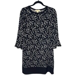 Michael‎ Kors Black & White, Leaf Print, Bell Sleeve, Shift Dress- Medium